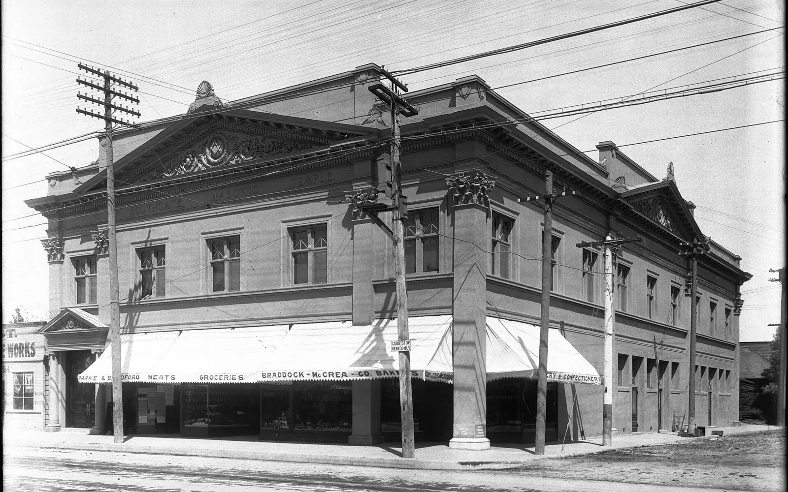Historic South Gate Masonic Temple and ground-floor grocery storefront, circa 1900