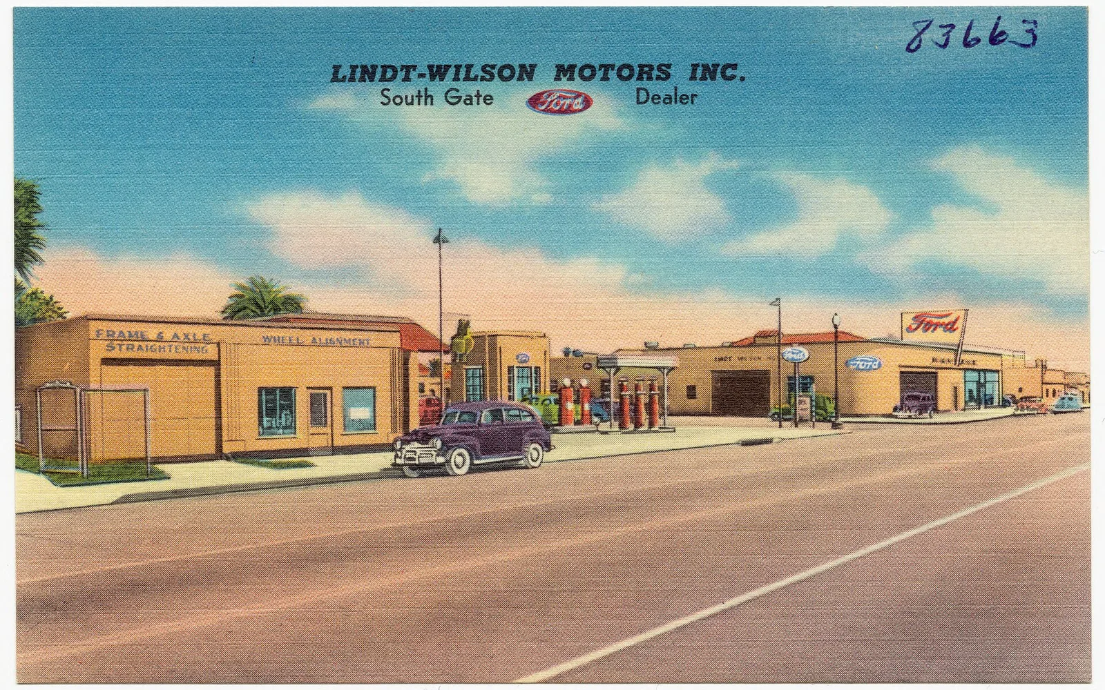 Historical postcard of Lindt-Wilson Motors in South Gate, circa 1930–1945